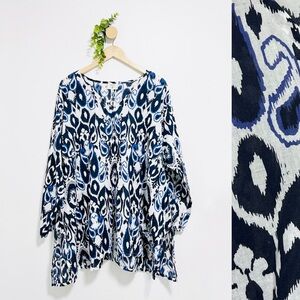 Kathleen Sommers Blue White 100% Cotton Lagenlook Resort Blouse